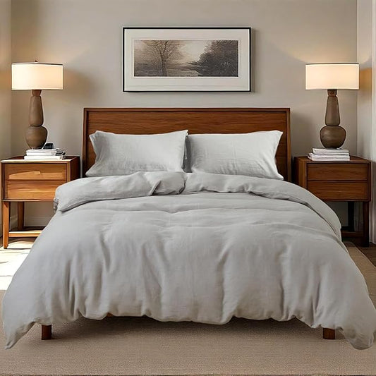100% Linen Duvet Cover Set, 3 PCS Natural French Flax Light Grey Duvet Cover Queen Size, Breathable Soft Comfy Linen Bedding Comforter Cover with 2 Pillowcases(Light Grey, 88" x 92")