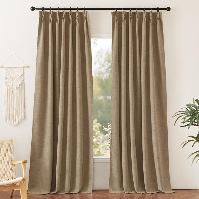 RYB HOME Pinch Pleated Back Tab Curtains Linen Textured 100% Blackout Curtains Thermal Insulated for Bedroom Living Room Bay Window Drapes, W 42 x L 84 inches, Burlap, 2 Panels