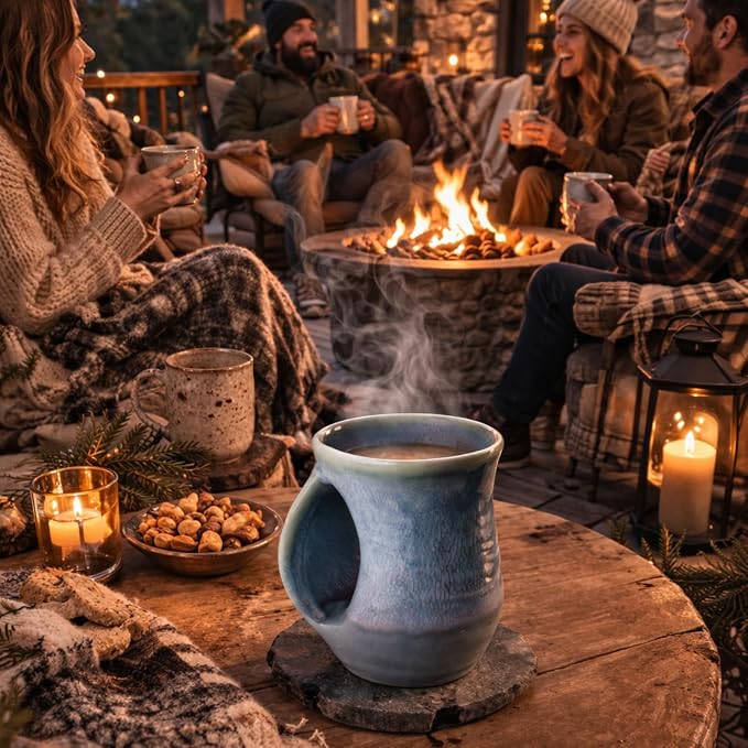 Hand Warmer Mug, Ceramic and Hand Painted - Contoured Pocket will Hold Warmth From The Heat Of Your Drink - Keep Your Fingers Warm, Comfy Handwarmer Gift, Winter Stocking Stuffer Gifts - Left Handed