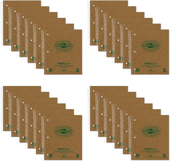 ROARING SPRING Environotes Recycled Spiral Notebook – 24 Pack, 11" x 9", Three Subject, 100 Sheets, College Ruled Perforated Heavyweight 20 lb Paper, 3 Double Pocket, Made in USA