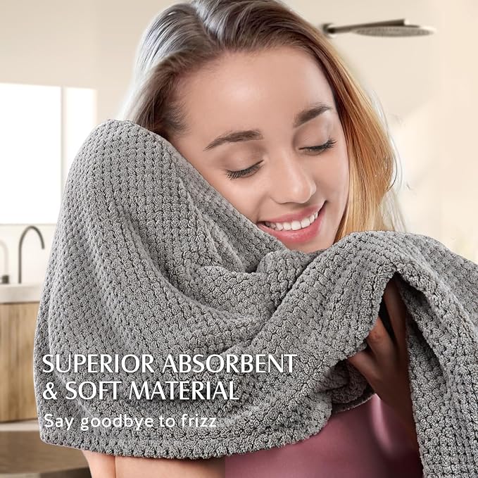 YFONG 3 Pack Large Microfiber Hair Towel Wrap, 30" x 10" Anti Frizz Quick Dry Hair Towels for Women Long, Curly, Thick Hair, Super Absorbent Hair Turban for Wet Hair (Grey, White, Camel)
