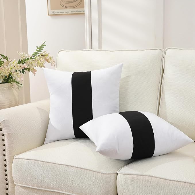 TAOSON Set of 2, 100% Cotton Canvas Patchwork Throw Pillow Covers 18x18 Inch Modern Black Striped Pillow Cushion Covers Farmhouse Decor Pillow Cases for Couch Living Room Bed Sofa Decor