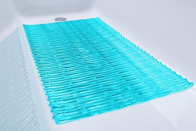 "Bamboo Non-Slip Bath Tub Mat - Non-Toxic - Safe, Clean, Machine-Washable, Superior Grip & Drainage - Non-Slip Bath Mat - Vinyl - for Smooth/Non-Textured Tubs Only - Transparent Turquoise