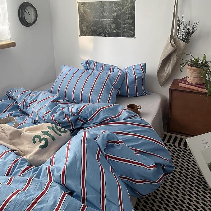 mixinni Vintage Striped Blue Duvet Cover Full - 100% Cotton Red Stripes 3-Piece Bedding Duvet Cover Set with Zipper Closure, Soft & Breathable Retro Design for All Seasons (Full Size)
