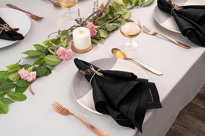 Signature Linen™ by D'Moksha Black Dinner Napkins Set of 4, 20 x 20 Inch Cloth Napkins, 100% Pure Linen, Hemstitch, Machine Washable Table Napkins- Summer, Father's Day