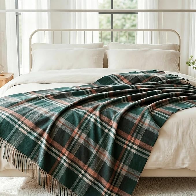 Soft 100% Wool Throw Blanket, Lightweight Warmth, 55"x83", Compact with Bag, Fringe, Plaid, Useful Gift for Women Men, Spring Summer Cozy Travel Blanket for Couch, Airplane, Car, Outdoors