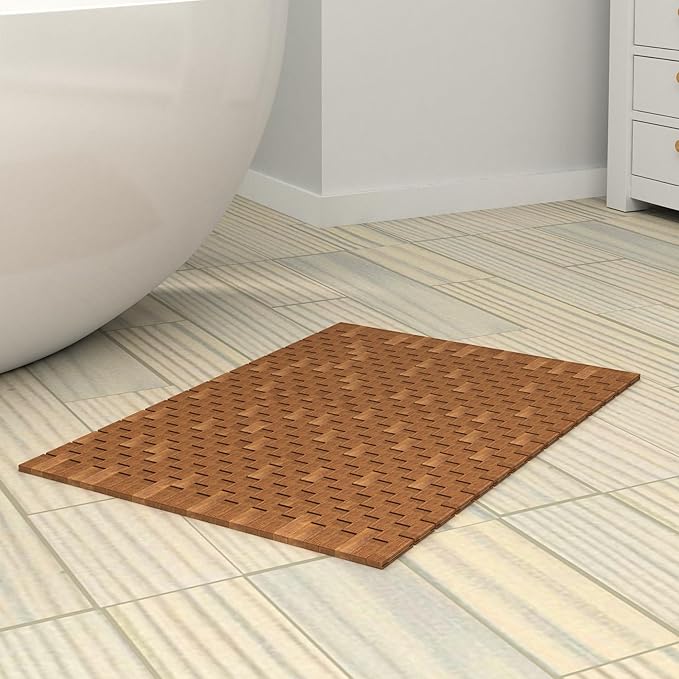 Teak Wood Bath Shower Mat for SPA Sauna with Mutiple Silica Gel Feet 27.5X19.7X0.31-Inch