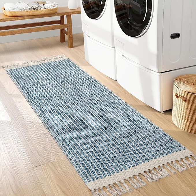 Lahome Belle Boho Kitchen Runner Rugs, 2x6 Laundry Room Rug Lightweight Bathroom Runner Woven Cotton Throw Mat with Tassels, Farmhouse Washable Blue Rug Low Pile Runners for Hallways Entry