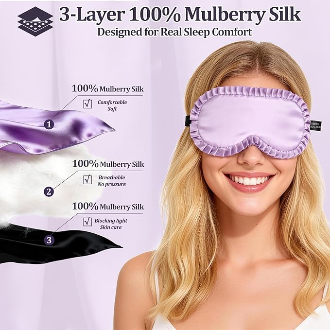 Silk Sleep Mask for Women, 100% Mulberry Silk Eye Mask, All-Silk Filled, Adjustable Elastic Strap with Elegant Wave Trim, Blackout Soft Eye Cover, Travel & Gift (Purple)