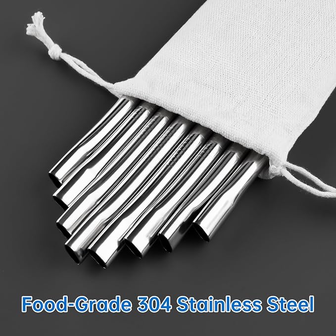 NiHome 8-Pack Anti-Wrinkle Flat Tip Stainless Steel Straws Fit for Stanley Cups, with 2 Brushes & Portable Storage Bag, 4 Lengths for 14oz 20oz 30oz 40oz Tumblers, Dishwasher Safe Reusable Straws