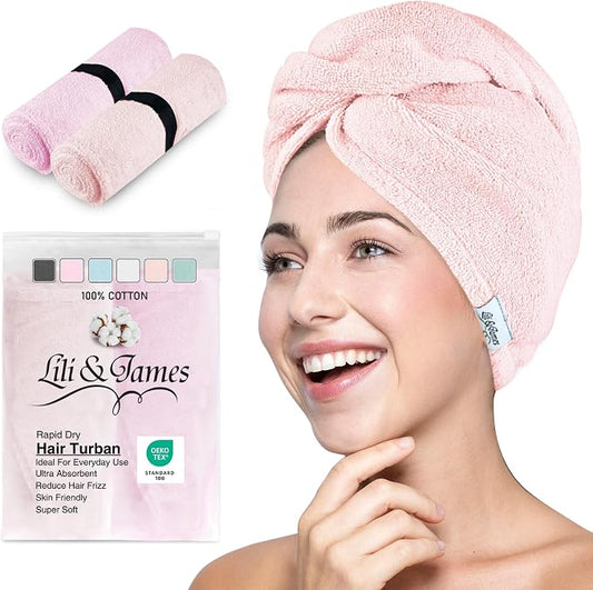 Lili&James 100% Cotton Hair Towel Wrap for Women & Kids – 420 GSM Quick Dry Hair Turban with Double Button Loop, Anti Frizz Non Microfiber Hair Drying Towel for Curly, Long & Thick Hair (Lilac+Pink)