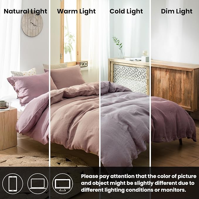 Simple&Opulence 100% Linen Duvet Cover Set 3pcs with Coconut Button Closure Natural French Washed Flax Solid Color Soft Breathable Farmhouse Bedding - Purple, King Size