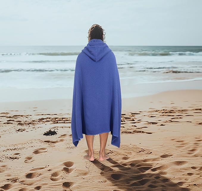 COTTON CRAFT Hooded Bath Towel – Oversized 35 x 70 Waffle Weave Towel with Hood for Adults - 100% Ringspun Cotton Pool Bath Sheet Wrap with Hood - Soft Super Absorbent Quick Dry – 450 GSM – Blue