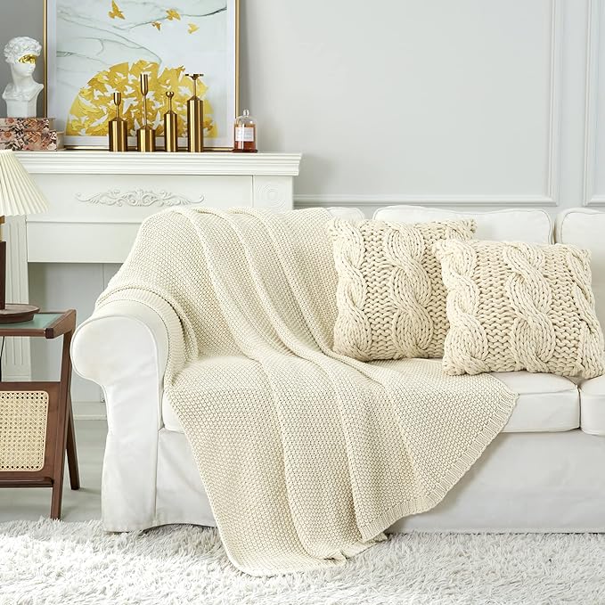 Longhui bedding Chunky Cable Knit Throw Blanket Lightweight Cream 100% Organic Cotton Blanket for Sofa Couch Bed Baby Nursery, Rustic Shabby Chic Modern Farmhouse, 51” x 63” Give Laundering Bag
