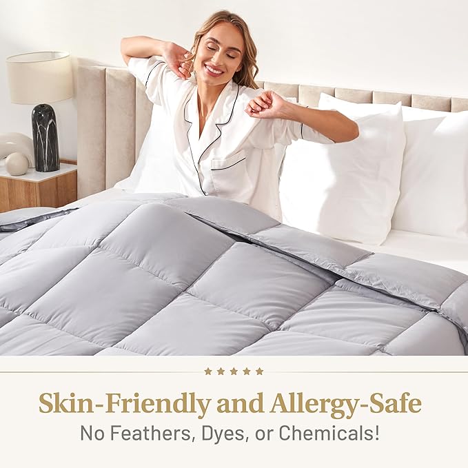 Lavish Comforts® Grey Comforter Queen – Fluffy Down Alternative Duvet Insert, Light Grey Comforter, All-Season Bedding, Hypoallergenic, Machine Washable, Queen Duvet Insert with Corner Loops