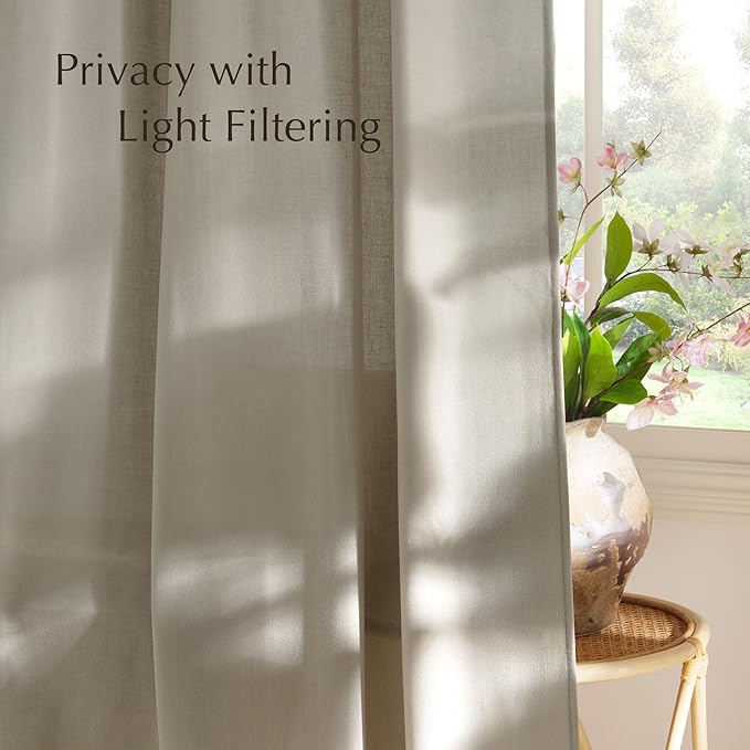 NICETOWN Semi Sheer Curtains 96 inches Long, Rod Pocket & Back Tab Linen Blend Light Filtering Window Treatments Privacy Added Drapes for Living Room, Cocoa Cream, W55 x L96, 2 Panels
