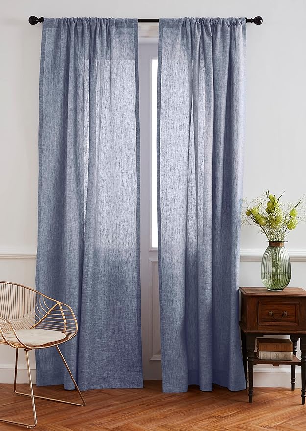 Solino Home European Flax Linen Curtain Chambray Indigo, 52 x 96 Inch Light Filtering Rod Pocket Curtain 96 Inch, 100% Pure Linen Window Treatment for Living Room, Bedroom - 1 Panel