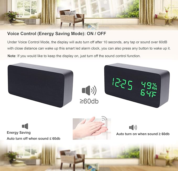Wooden Alarm Clock Modern Wood Clock Digital Electronic Desk Clock LED Display Time Date Temperature Humidity Voice Control 3 Alarms 3 Brightness for Home Office Kids (Black,Green)