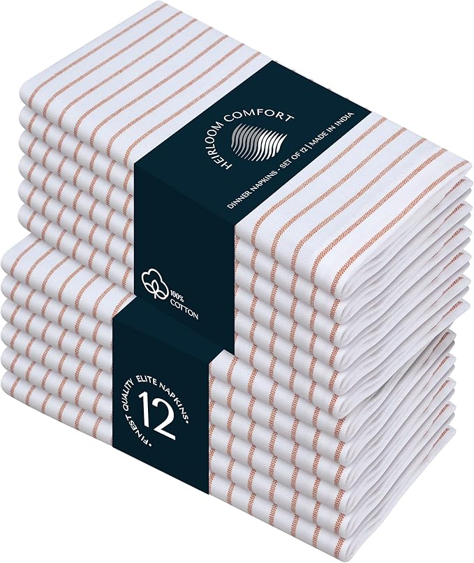 Rust Stripe Cloth Napkins (Set of 12), 18x18 Inch, 100% Cotton, Durable and Reusable Napkin, Classic Striped Table Linen for Dinner Tables, Holiday Meals, Fall Events, and Daily Use