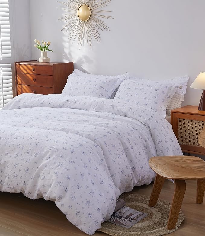 100% French Flax Linen Duvet Cover Set Queen Size, 3pcs Comforter Cover Digital Botanical Printed Rose Farmhouse Floral Bedding with Button Closure and 8 Corner Ties (Blue Rose, Queen)