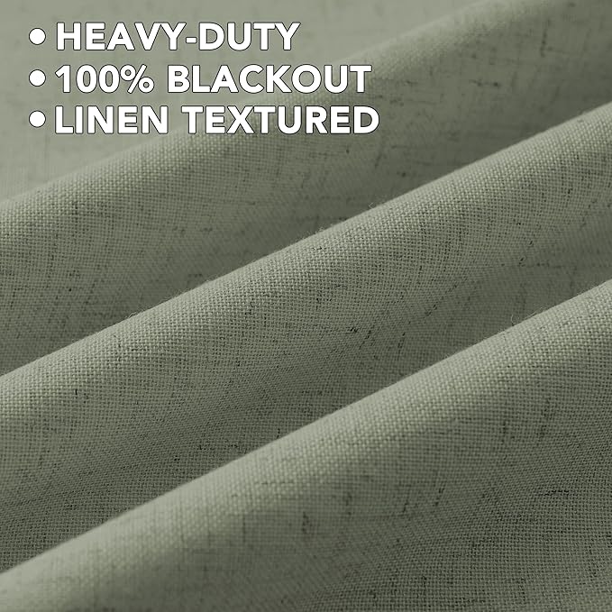 H.VERSAILTEX Linen Curtains 100% Blackout Curtains for Bedroom 90 inch Long Full Light Blocking Nature Linen Blended Window Curtains for Living Room Nickel Grommet (2 Panels, Heathered Dried Sage)