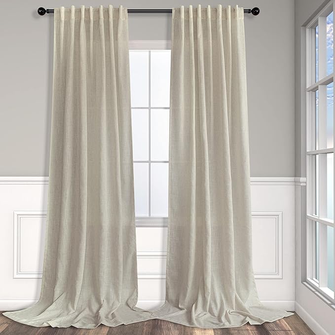 Pitalk Flax Linen Curtains 92 Inch Length 2 Panels for Living Room Dining Back Tab Pocket Pinch Pleated Look Window Curtain Drape Rustic Farmhouse Decor Beige Sheer Curtain for Bedroom 52 x 92 Long