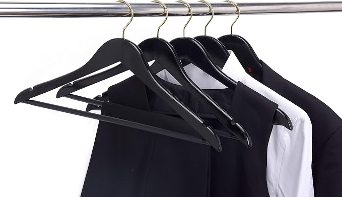 Quality Black Wooden Hanging Set - Curved Hangers with Stylish Chrome Hooks (Heavy-Duty, 10-Pack)
