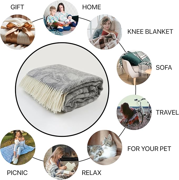 | Wool Blanket/Throw | 100% New Zealand Wool | Perfect for Home and Outdoors | Virgin Wool Blanket with Fringes 55"x79" (140 x 200 cm) (Gray Leaves)