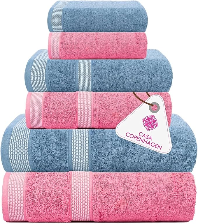CASA COPENHAGEN Solitaire 6Pcs 100% Egyptian Cotton Large Designer Towels Gift Set- Dusty Blue-Dusty Pink, 600GSM, 2Bath 2Hand 2Washcloths, Bath Towels for Bathroom Set for Women & Men