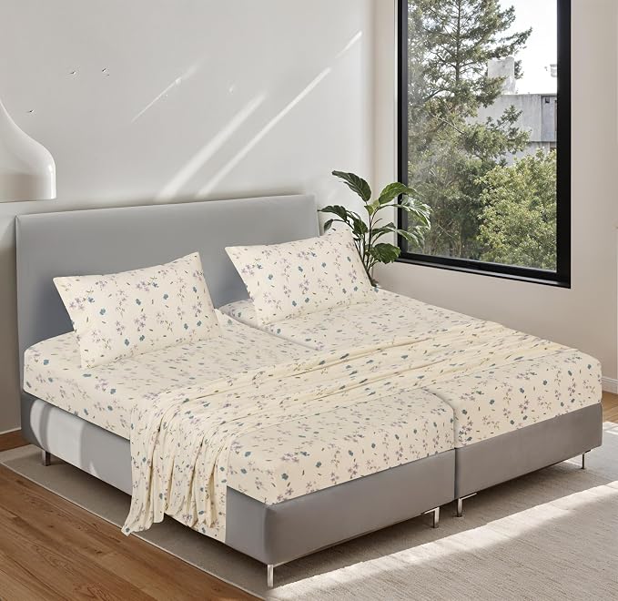RUVANTI Flannel Sheets Split King Size - 100% Cotton Double Brushed Split King Bed Sheets Set - Deep Pockets 16 Inches - All Seasons Breathable & Extra Soft - Warm & Cozy, 5 Piece, Jasmine Stamp Cream