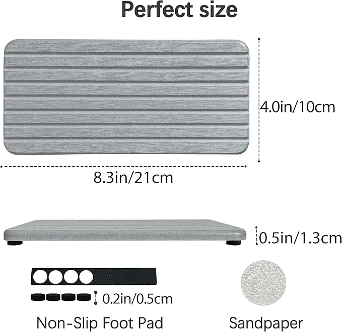 2-Pack Diatomite Soap Tray, Fast-Drying Water Absorbing Stone Tray for Bathroom & Kitchen Sink Counter, Anti-Skid Vanity Tray with Feet, Gray 8.3" x 4.0"