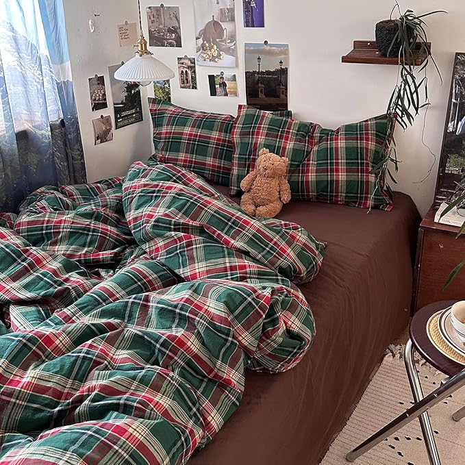 mixinni Vintage Green Buffalo Plaid Washed Cotton Duvet Cover Queen - Soft Breathable Textured Bedding Set with Zipper Closure for All Seasons-1 Duvet Cover + 2 Pillow Shams-Queen Size