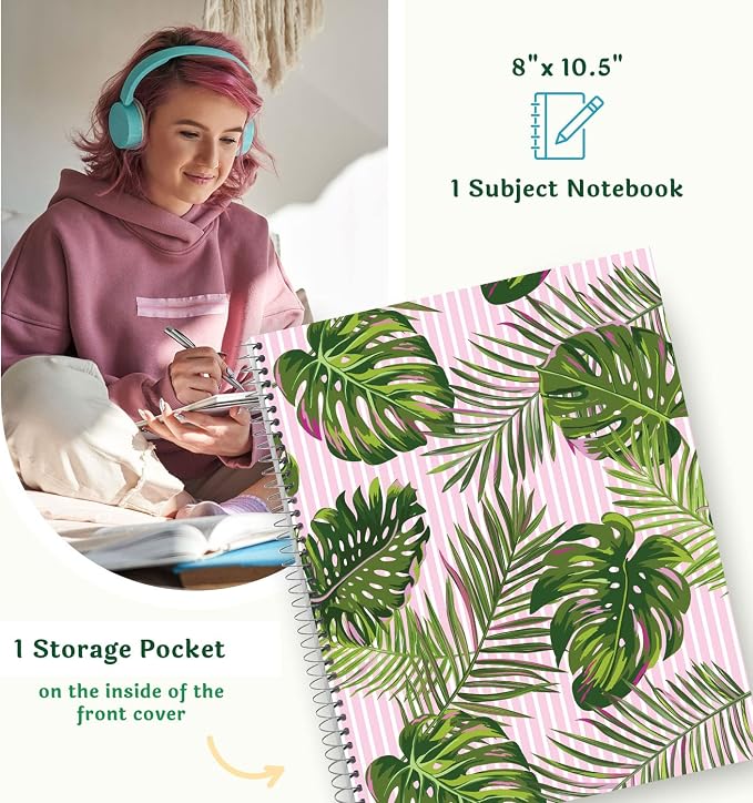 Spiral Notebook, Eco-Friendly & Carbon Neutral Tree Free Paper Subject Notebook, 8” x 10.5”, 100 Sheets (Tropical Palm Leaves)