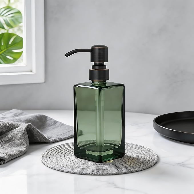 13.5 Oz Green Glass Soap Dispenser with Rust Proof Stainless Steel Pump, Antique Design Refillable Square Lotion Dispenser for Bathroom, Premium Kitchen Hand Soap (Oil Rubbed Bronze)