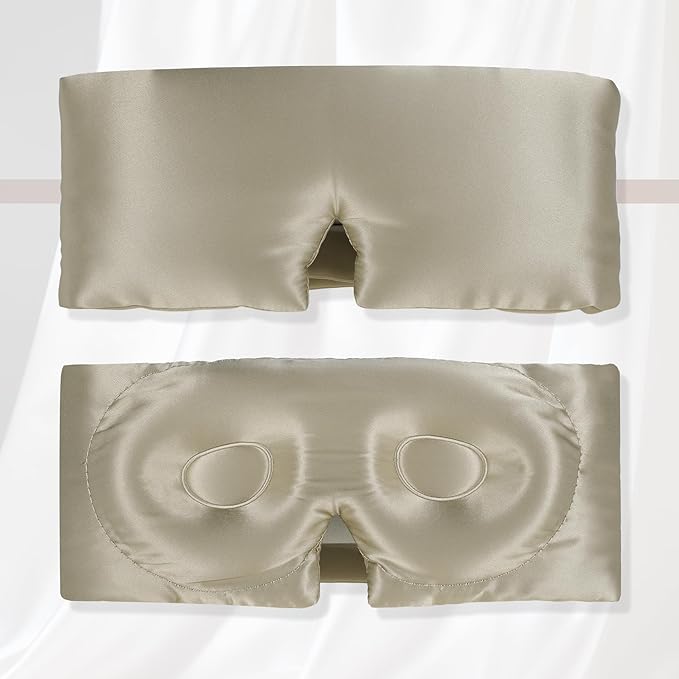 VOCOSTE 22 Momme Pure Silk Sleep Mask with Travel Pouch, 3D Contour Adjustable Blindfold for Side Sleepers, Taupe