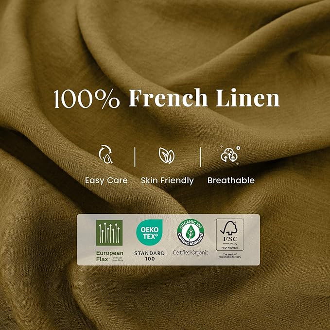 S VICTORY SYMBOL 100% Pure Linen Duvet Cover Set Queen Size 3pcs,Natural French Washed Flax Solid Color Soft Breathable (1 Duvet Cover and 2 Pillowcases) with Button Closure,Ecru Olive