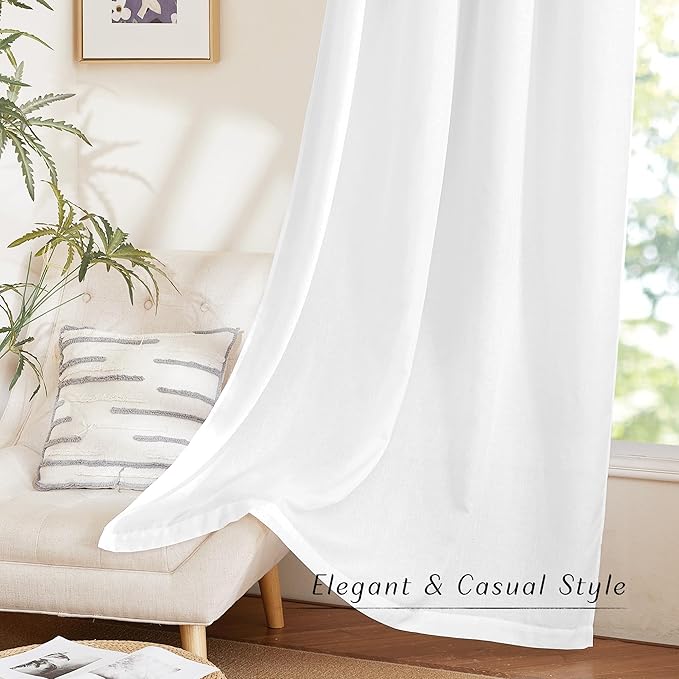 NICETOWN Linen White Curtains for Living Room, Rod Pocket & Back Tab Flax Linen Window Treatments Privacy Added with Light Filtering Drapes for Bedroom/Nursery, W55 x L95, 2 Panels