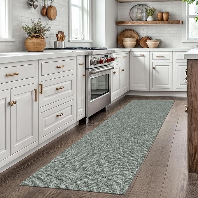 EARTHALL Washable Runner Rug 2x7 Ft Non Slip Runners for Hallways Cotton Rubber Backed Kitchen Runner Braided Indoor Floor Carpet Runners for Entryway, Hallway, Kitchen, Bedroom, Green/Grey
