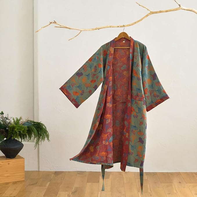 100% Cotton Gauze Ginkgo Leaf Kimono Robe, Long Knit Loose Bathrobe Nightgown Ladies Loungewear Sleepwear for Women