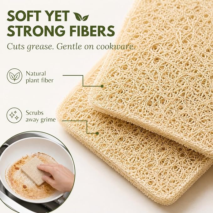 Natural Loofah Dish Sponge, 100 Count Plant-Based Kitchen Cleaning Pads, Biodegradable Compostable Scouring Pads for Dishes, Pots, Pans and Sink, 2.75 x 2.75 Inch