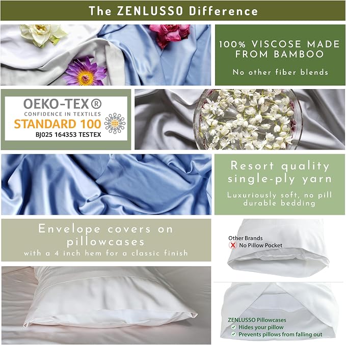 Pillowcases 100% Viscose Made from Bamboo Pillow Cases, Cooling, Luxuriously Soft, Envelope Closure, 300 Thread Count (Navy Blue, Queen)