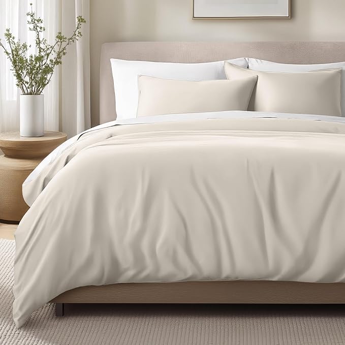 Bare Home 100% Organic Cotton Sateen Duvet Cover Set - 400 Thread Count - Smooth Sateen Weave - Warm & Luxurious - Duvet Cover (King/Cal King, French Beige)