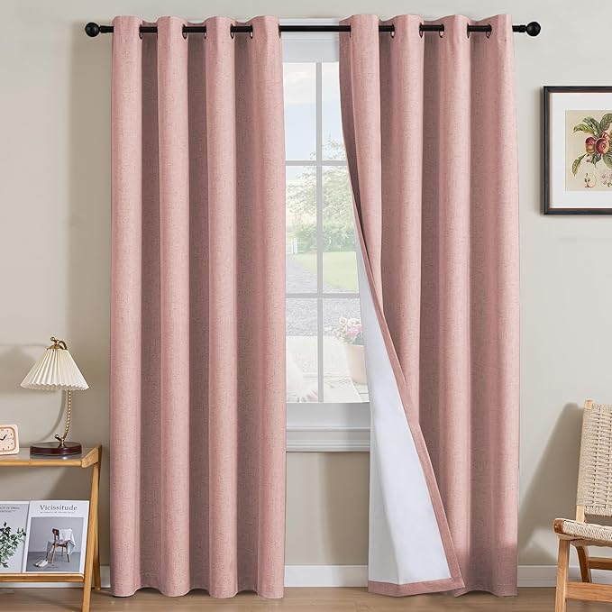 H.VERSAILTEX Linen Curtains 100% Blackout Curtains for Bedroom 120 inch Long Full Light Blocking Nature Linen Blended Window Curtains for Living Room Nickel Grommet (2 Panels, Heathered Baby Pink)