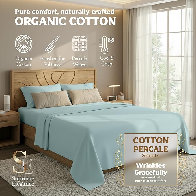 SUPREME ELEGANCE 4 Pcs 100% Organic Cotton Queen Bed Sheets Set, Cooling Percale Weave for Hot Sleepers, Brushed for Softness, Crisp & Breathable Sheets Set, 16" Deep Pocket Fitted Sheet, Pale Aqua