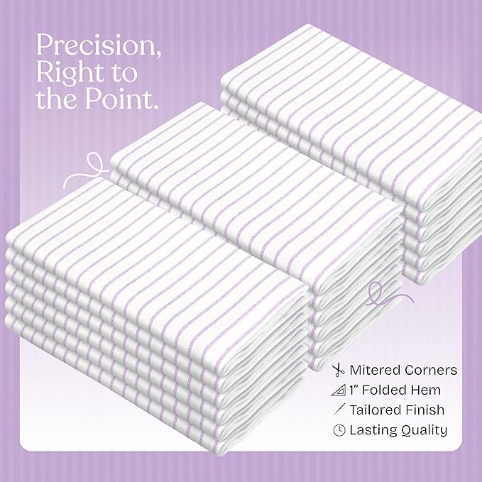 Lavender Stripe Cloth Napkins (Set of 6), Large 18 x 18 Inches, 100% Cotton, Machine Washable, Classic Striped Fabric Napkin for Dinner, Luncheon, Cocktail, Celebrations, Daily Use