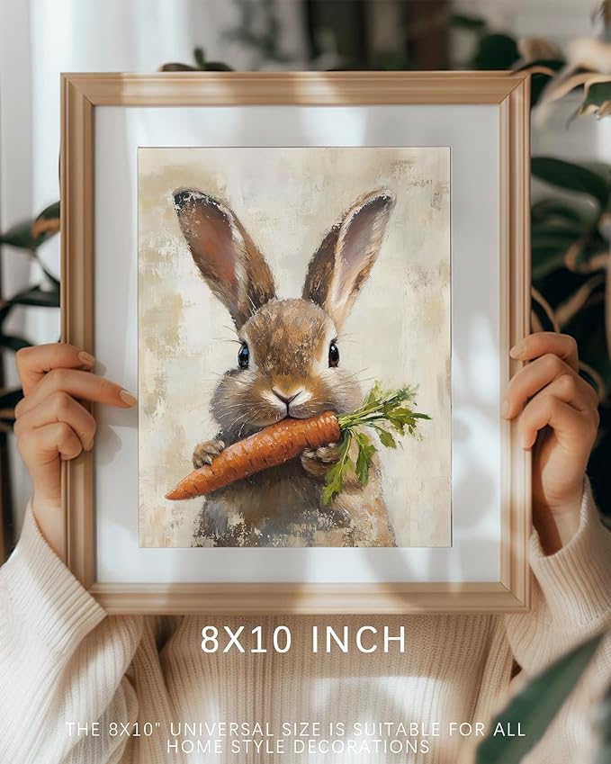 Vodefoad Carrot Rabbit Retro Vintage Canvas Wall Art Bunny Holding Carrot Canvas Cute Rustic Farmhouse Rabbit Wall Art Animal Nursery Decor, Spring Bunny Painting, Easter Bunny Print for Bedroom Bathroom Holiday Decor - 8x10Inch Unframe