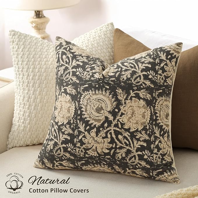 Vintage Floral Print Throw Pillow Covers 26x26 Set of 2 Neutral Modern Farmhouse Accent Decorative Cushion Covers Boho Home Decor for Couch Sofa Chair Bed Living Room, Black