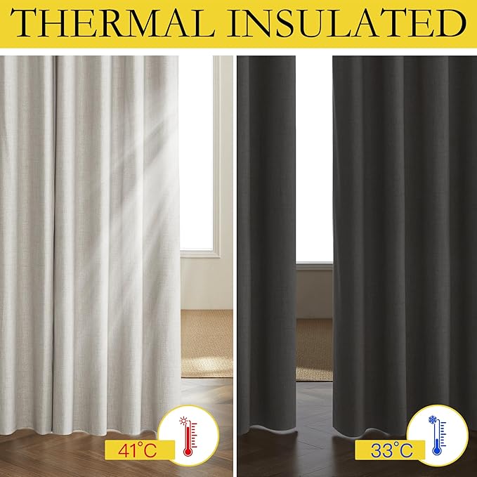 NICETOWN 100% Blackout Linen Curtains for Bedroom, Thick Insulated Rod Pocket & Back Tab Full Light Blocking Draperies with Gray Liner for Night Shift Workers (Set of 2, 52 by 78-inch, Alabaster Gray)