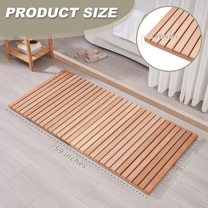 bingaai Cedar Wood Shower Mat 59" × 29.53", Cedar Wooden Bath Mats, Wood Bath Mat for Inside or Outside Shower, Cedar Sauna Floor Mat Extra Large, Non-Slip Shower Platform