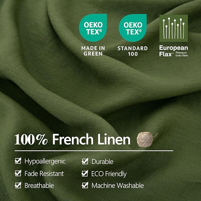 S VICTORY SYMBOL 100% Organic Linen Duvet Cover Set King Size 3pcs,Natural French Washed Flax Comforter Cover 106"x92"(1 Duvet Cover and 2 Pillowcases) Coconut Button Closure (Juniper Green)